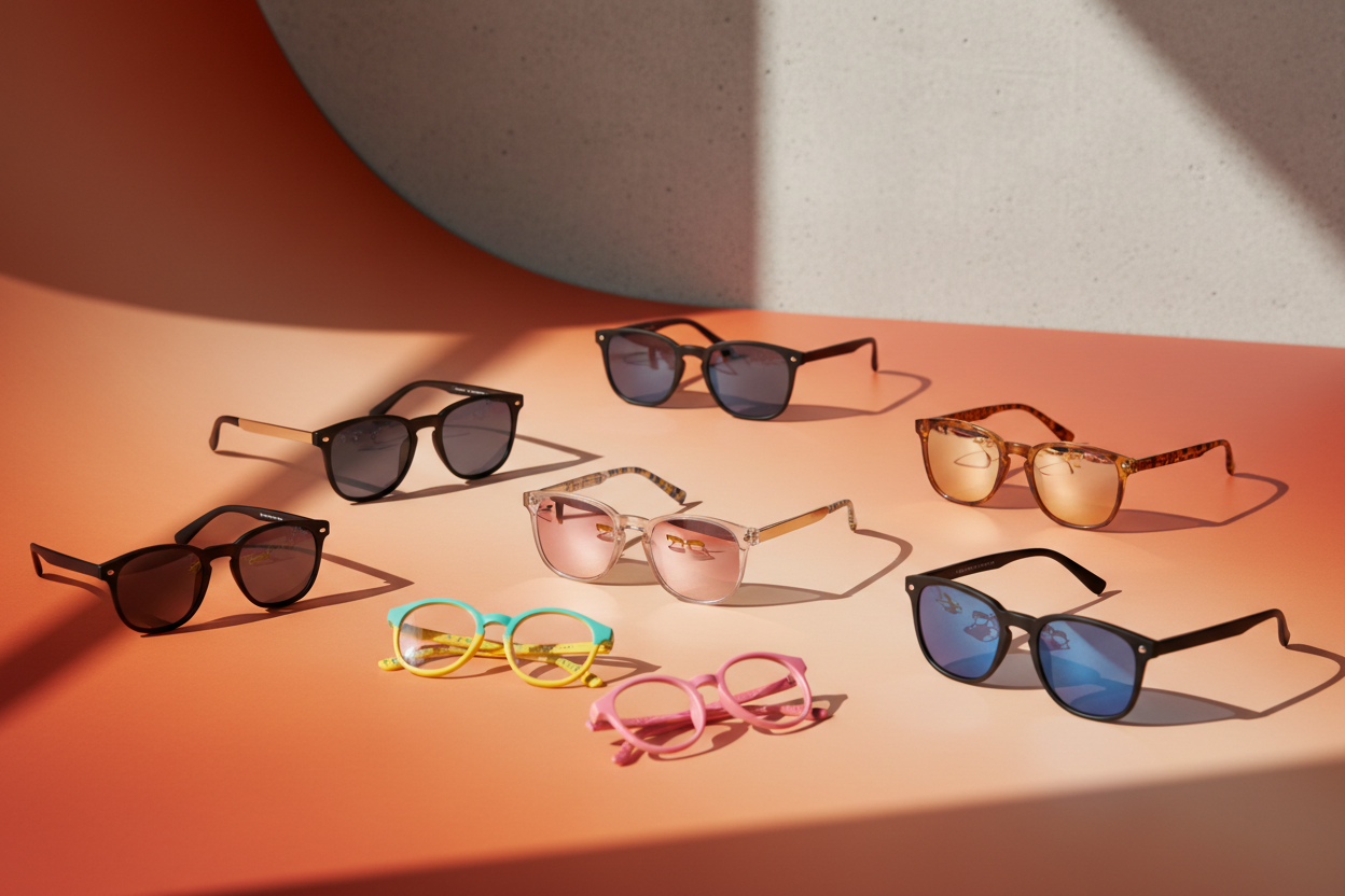 Modern hero image for an online-only eyewear brand, several pairs of fashionable sunglasses and kids’ glasses placed on a bold orange surface with soft gradients, reflections on the lenses, warm sunlight and stylish shadows, clean minimal background, no text or logo, high resolution, trendy and fashion-forward look suitable for a Shopify homepage banner.